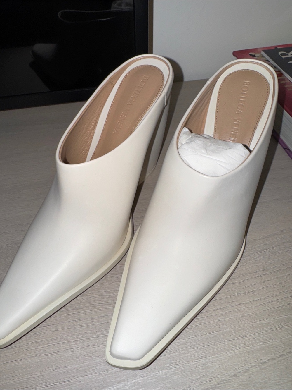 Bottega Veneta Cream Leather Pointed Mule Heels